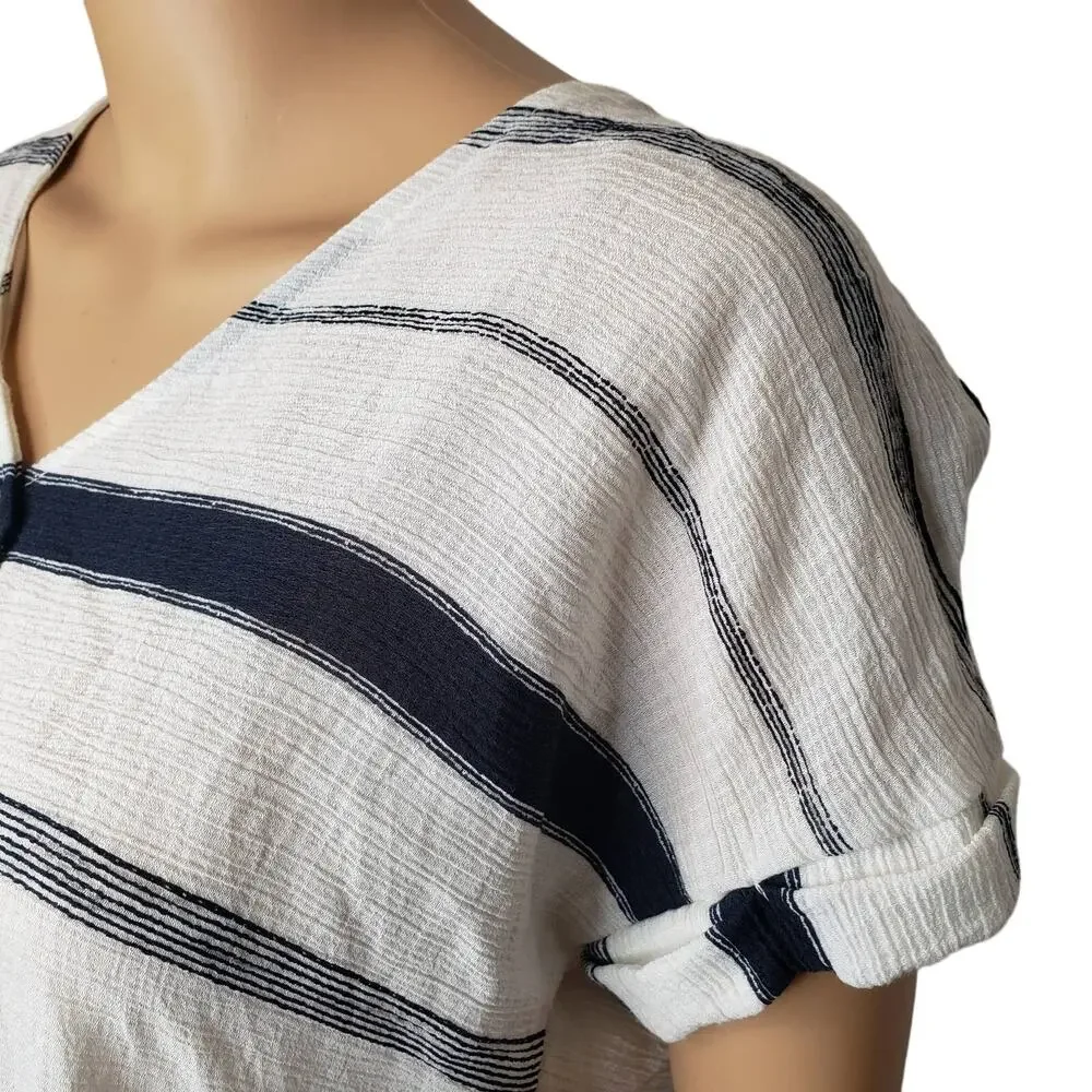 Blu Pepper Striped Peplum Blouse‎ Navy White Button Up Baby Doll Small - Picture 11 of 13